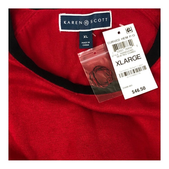 Karen Scott Red with Black Trim Curved Hem Lightweight Sweater. Size: XL. NWT! - Picture 4 of 4